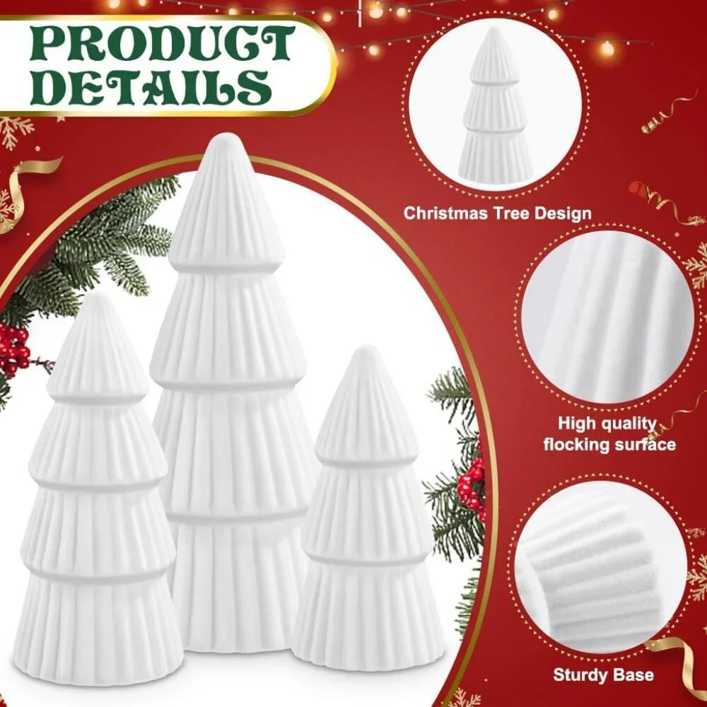 3 Pcs Velvet Ceramic Christmas Trees, Xmas White Modern Velvet Cone Decorations